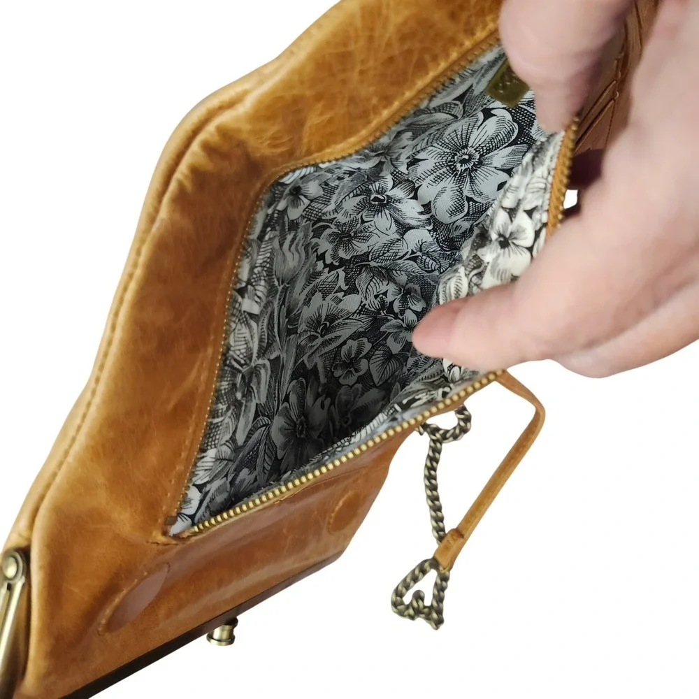 Hobo Lauren Double Frame Leather Wallet Clutch Crossbody Honey Tan Brass Chain